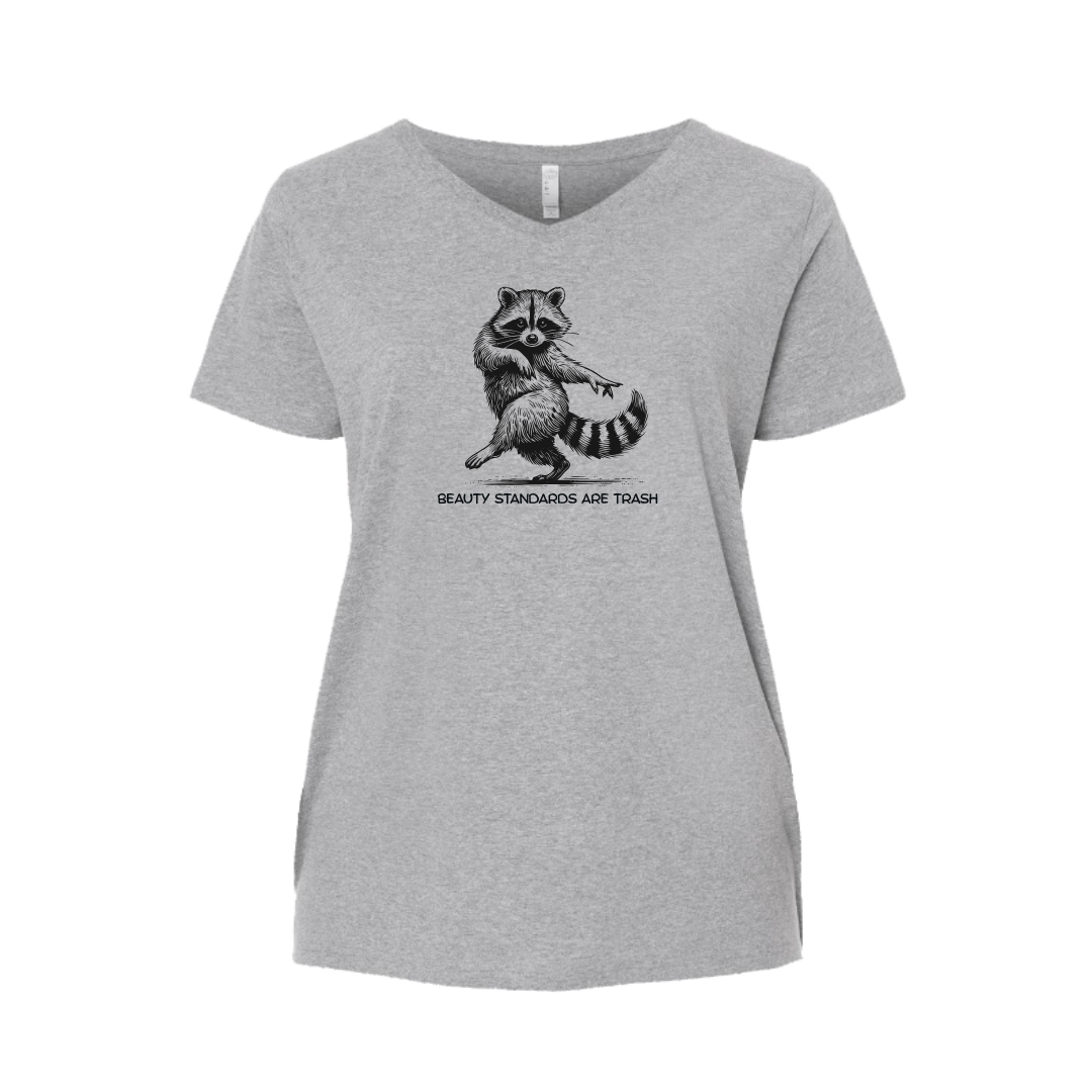 Gray t-shirt with a raccoon graphic and text on a white background
