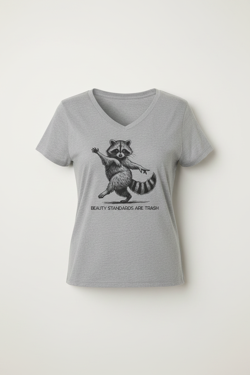 A gray v-neck t-shirt with a raccoon 