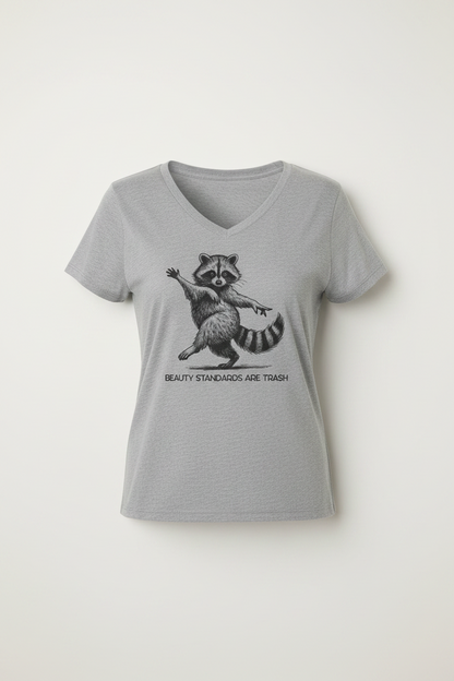 A gray v-neck t-shirt with a raccoon 