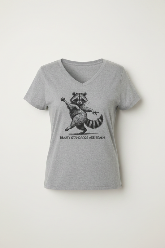 A gray v-neck t-shirt with a raccoon 