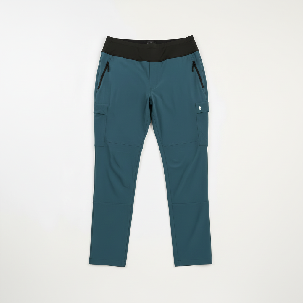 Teal pants with black waistband on a white background