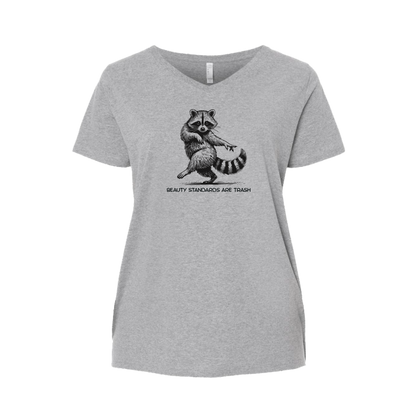 Gray t-shirt with a raccoon graphic and text on a white background