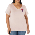 Woman wearing a light pink t-shirt with a small graphic on a white background
