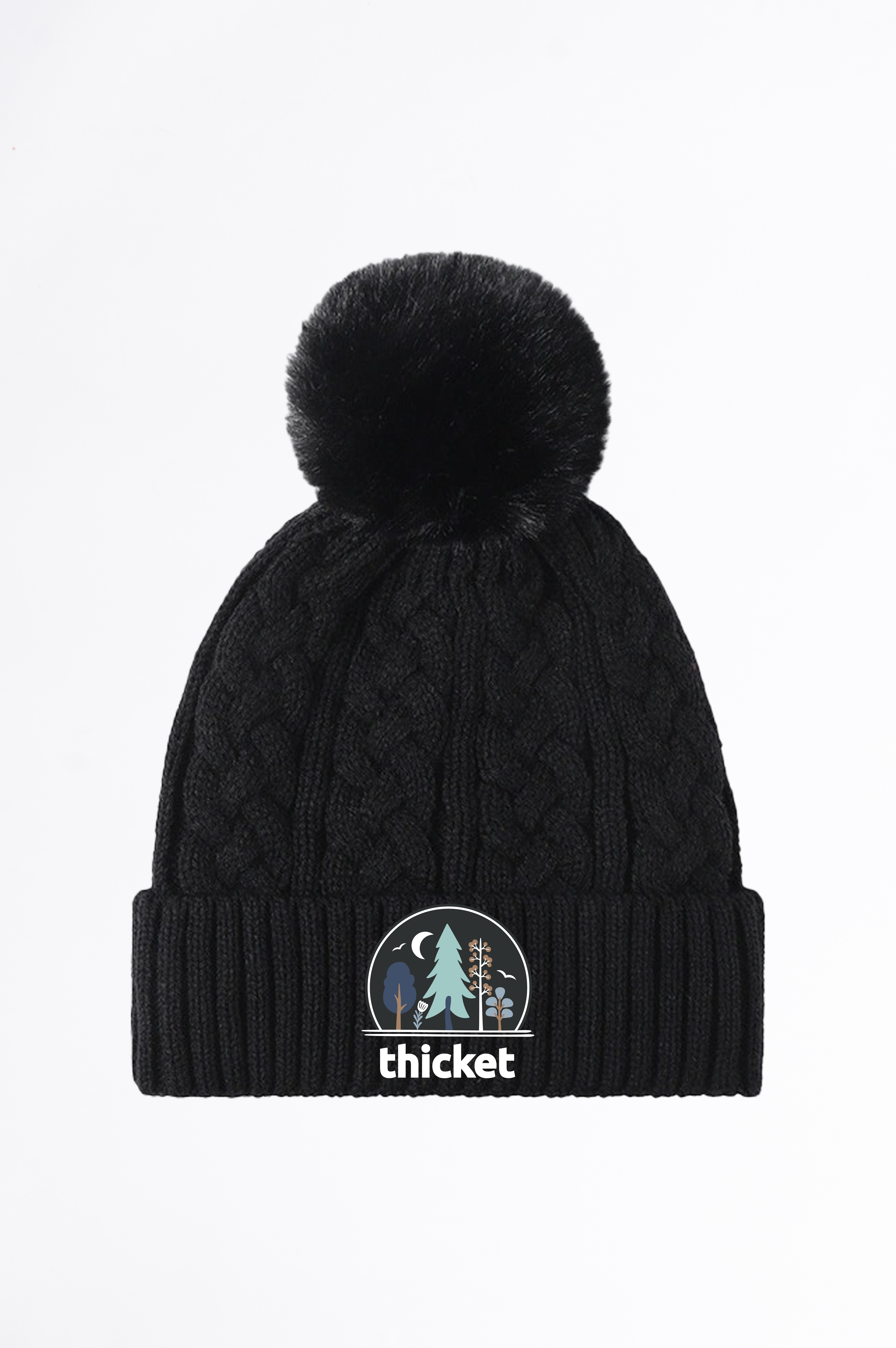 Black knit beanie with pom-pom and 'thicket' logo on a white background