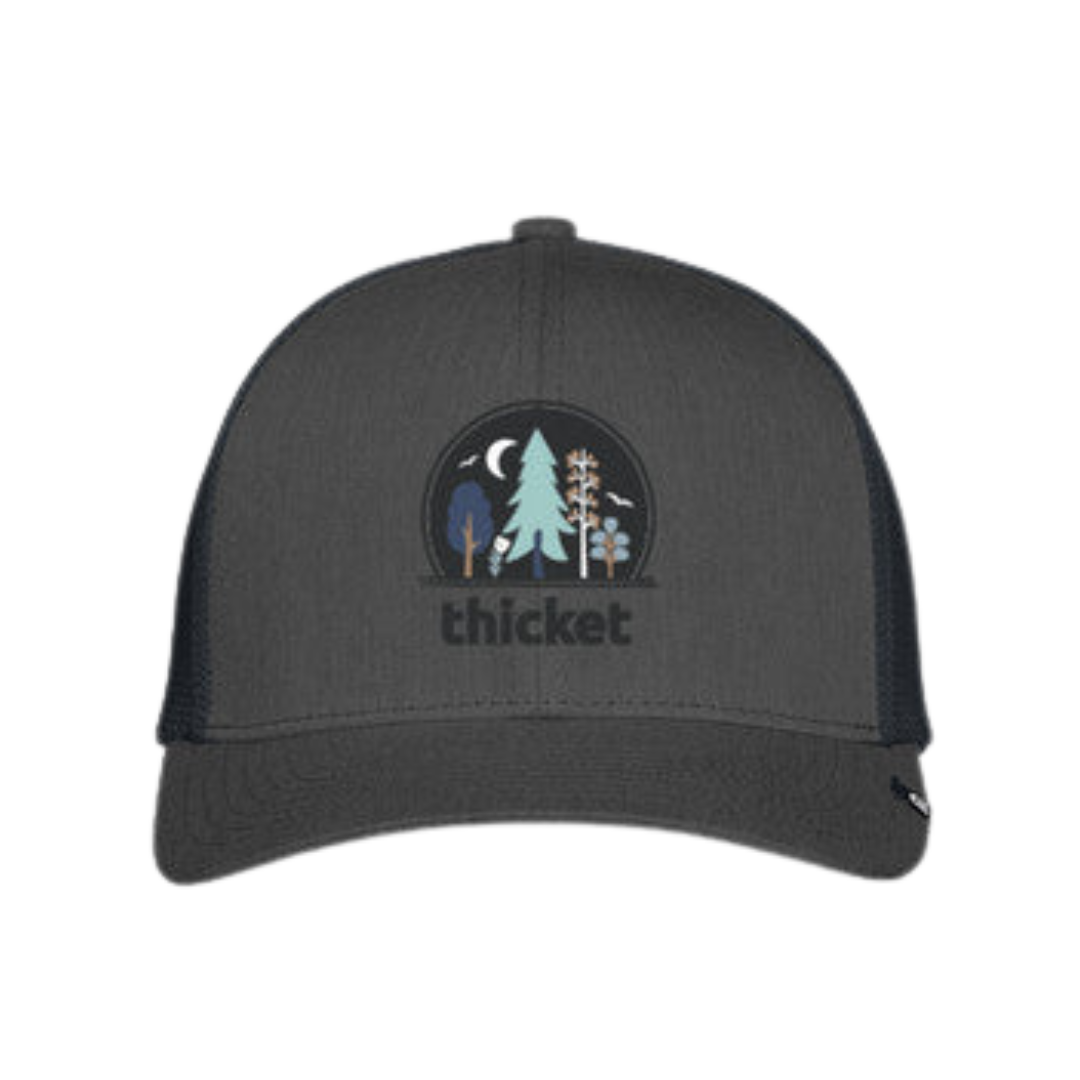 A black heather snap-back hat with breathable mesh panels and an embroidered logo on the front.