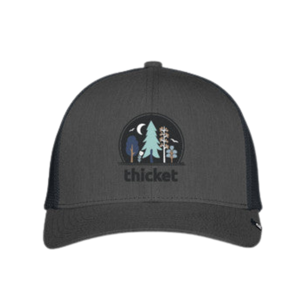 A black heather snap-back hat with breathable mesh panels and an embroidered logo on the front.