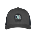 A black heather snap-back hat with breathable mesh panels and an embroidered logo on the front.