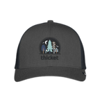 A black heather snap-back hat with breathable mesh panels and an embroidered logo on the front.