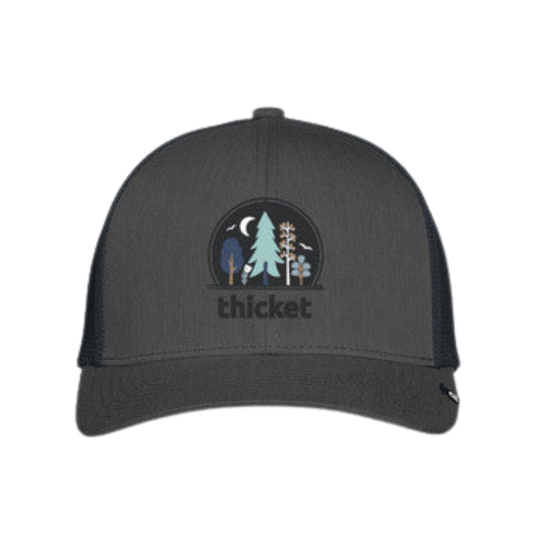 A black heather snap-back hat with breathable mesh panels and an embroidered logo on the front.