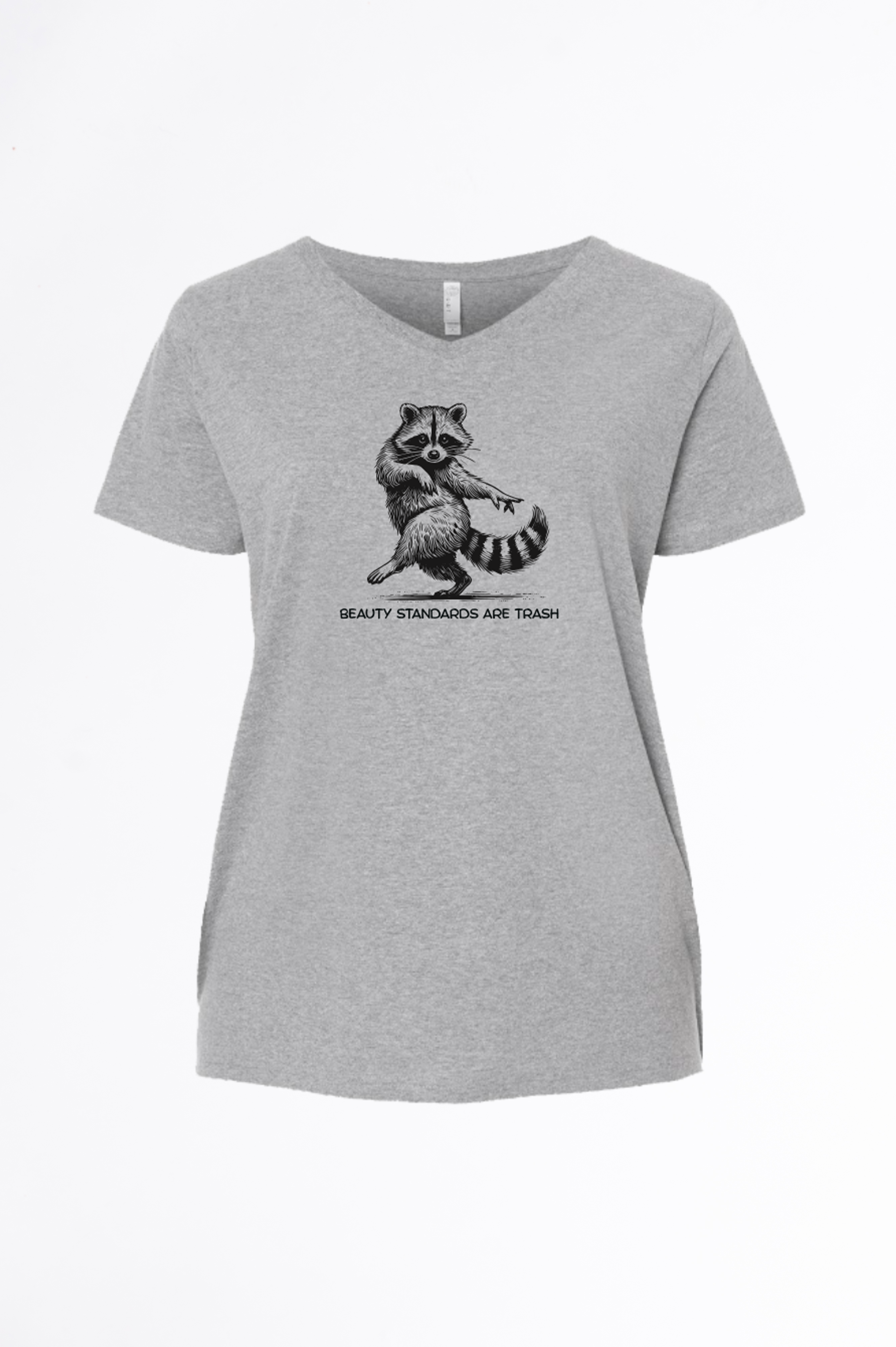 Gray t-shirt with a raccoon graphic and text on a white background