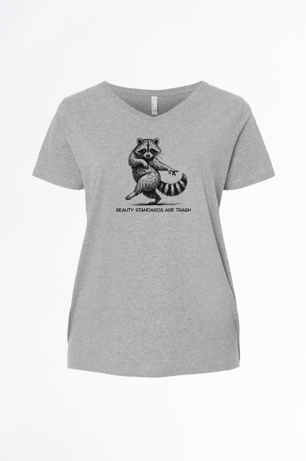 Gray t-shirt with a raccoon graphic and text on a white background