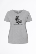 Gray t-shirt with a raccoon graphic and text on a white background