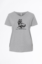 Gray t-shirt with a raccoon graphic and text on a white background