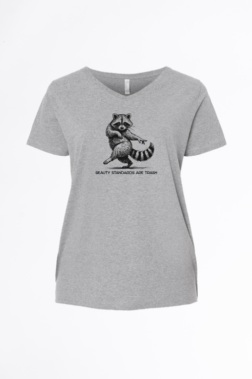 Gray t-shirt with a raccoon graphic and text on a white background